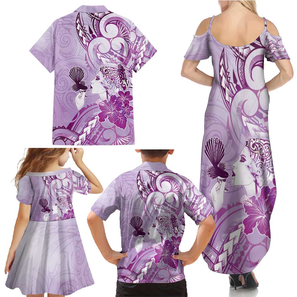 Aotearoa Maori Wahine Family Matching Summer Maxi Dress and Hawaiian Shirt Fantail Bird Purple Gold Marble
