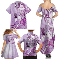 Aotearoa Maori Wahine Family Matching Summer Maxi Dress and Hawaiian Shirt Fantail Bird Purple Gold Marble