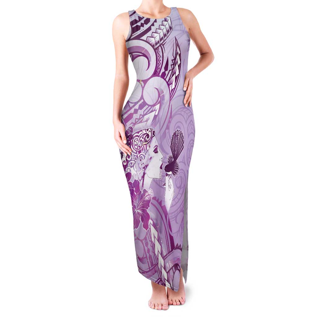 Aotearoa Maori Wahine Family Matching Tank Maxi Dress and Hawaiian Shirt Fantail Bird Purple Gold Marble