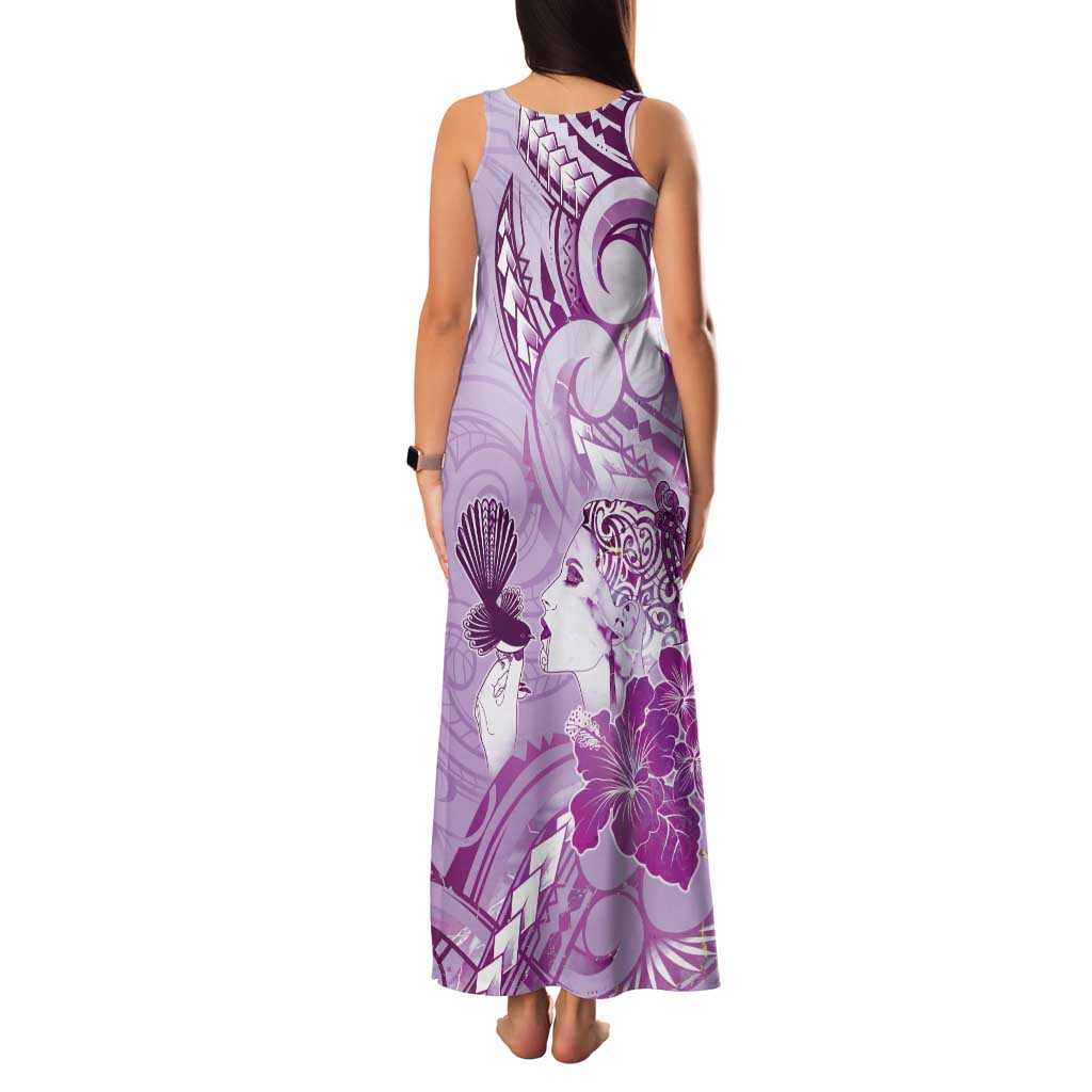 Aotearoa Maori Wahine Family Matching Tank Maxi Dress and Hawaiian Shirt Fantail Bird Purple Gold Marble