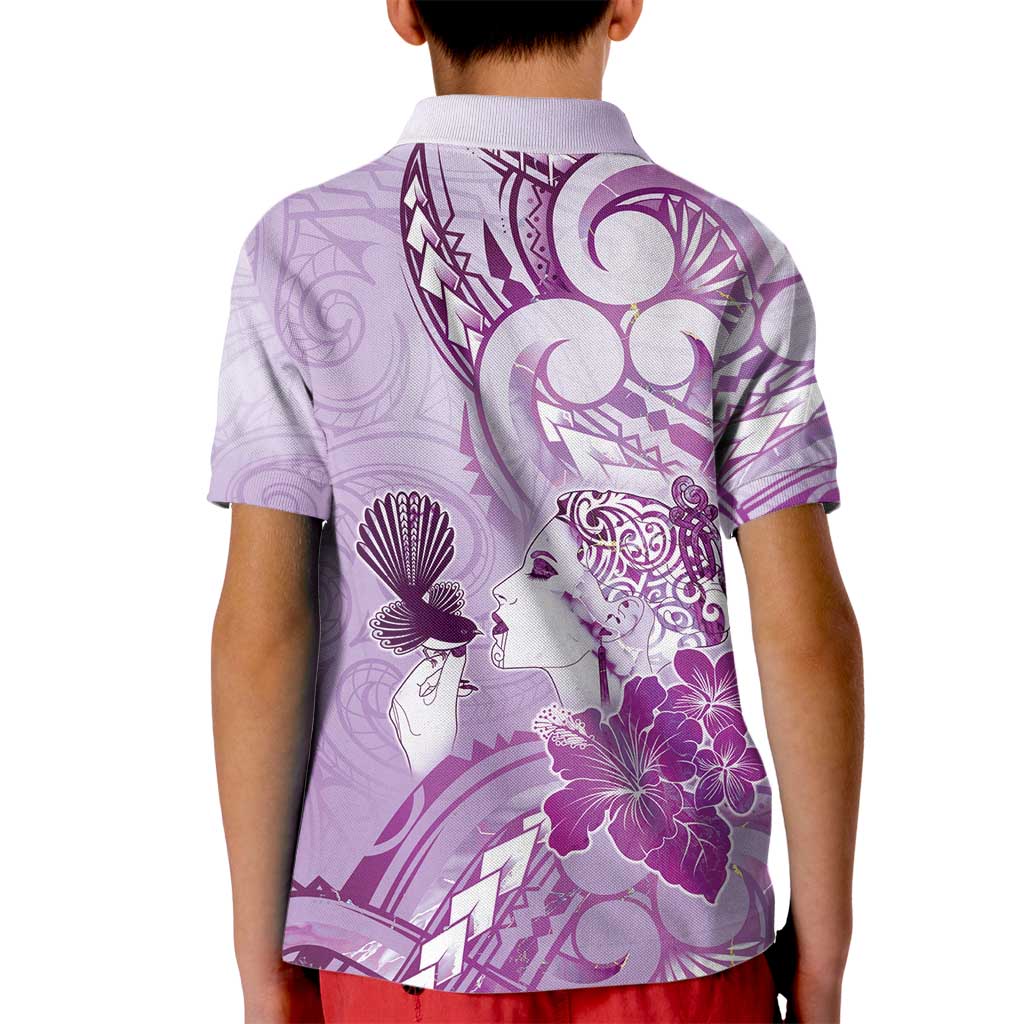 Aotearoa Maori Wahine Kid Polo Shirt Fantail Bird Purple Gold Marble