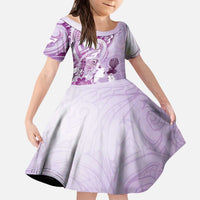 Aotearoa Maori Wahine Kid Short Sleeve Dress Fantail Bird Purple Gold Marble