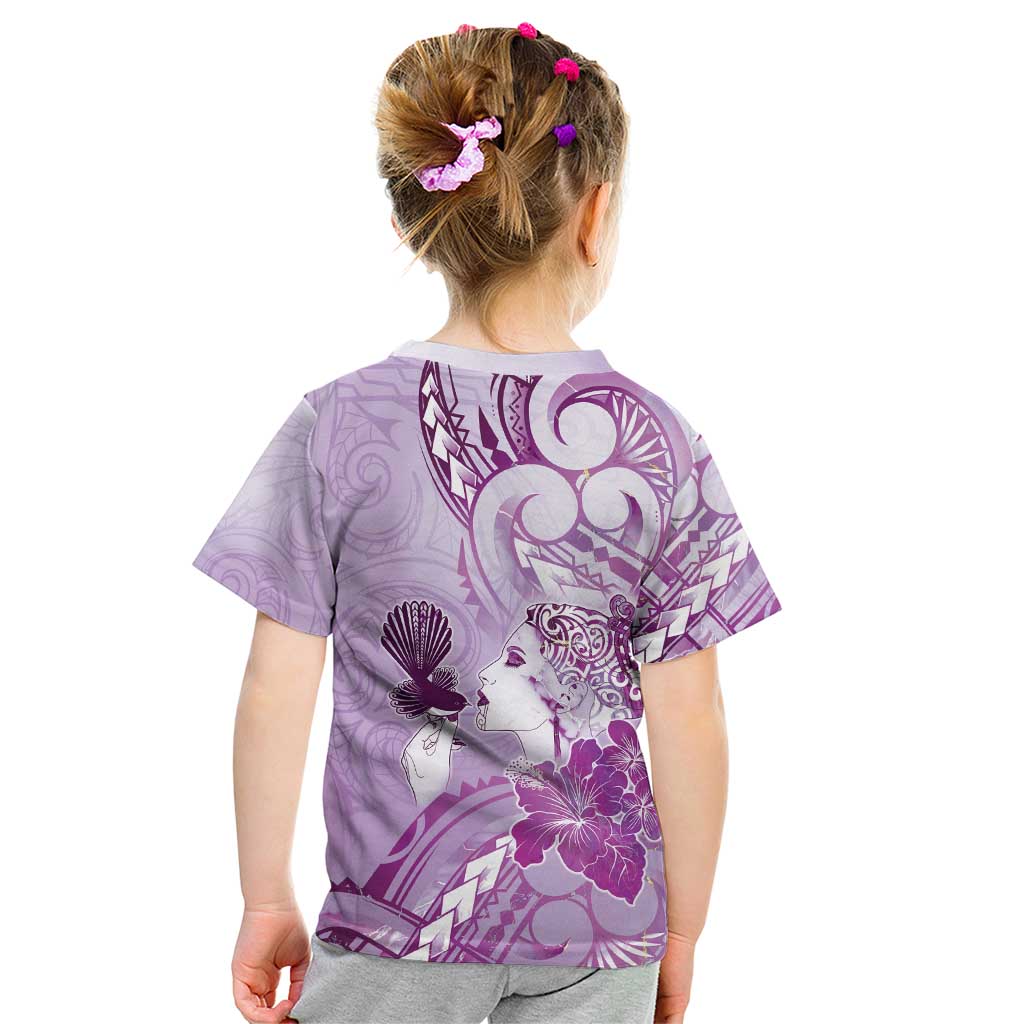 Aotearoa Maori Wahine Kid T Shirt Fantail Bird Purple Gold Marble