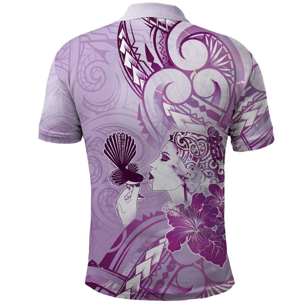 Aotearoa Maori Wahine Polo Shirt Fantail Bird Purple Gold Marble