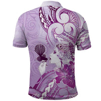Aotearoa Maori Wahine Polo Shirt Fantail Bird Purple Gold Marble