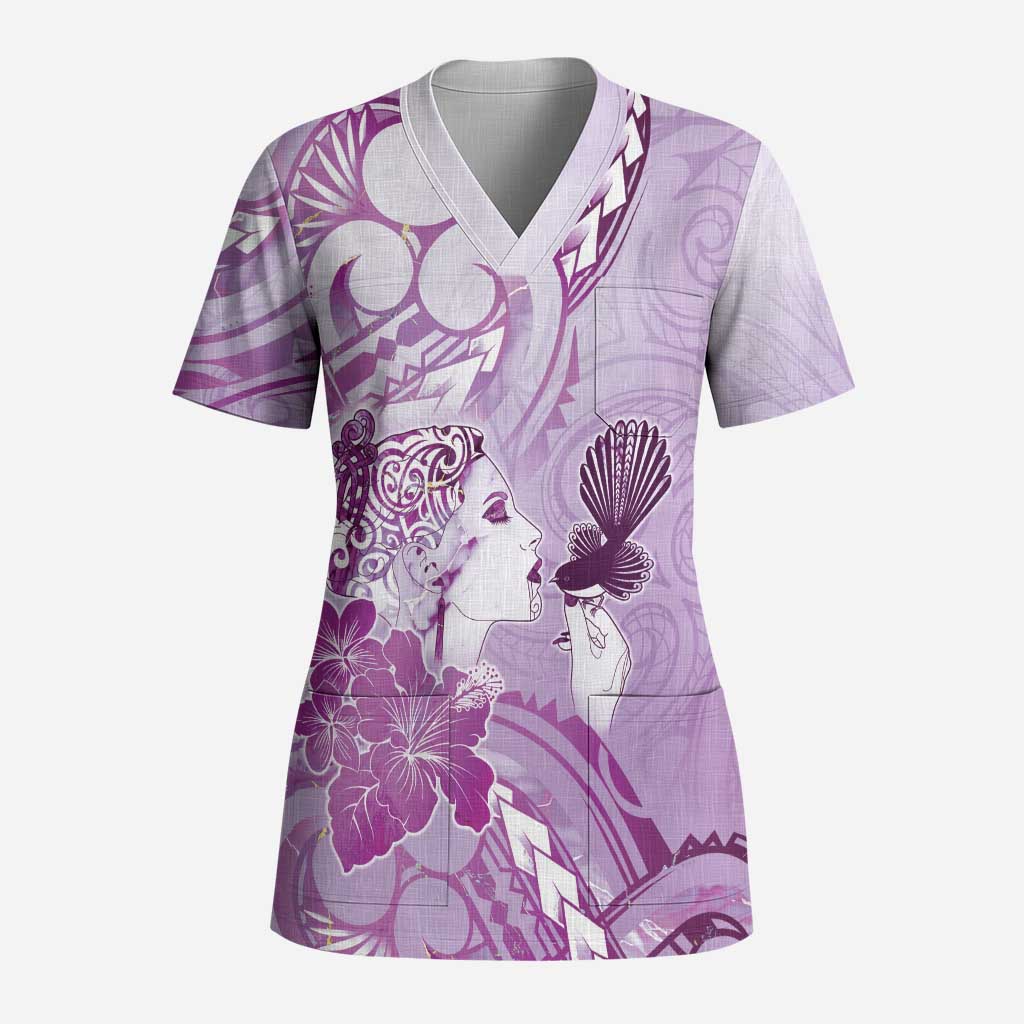 Aotearoa Maori Wahine Scrub Top Fantail Bird Purple Gold Marble LT05 Adult Purple - Polynesian Pride