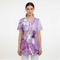 Aotearoa Maori Wahine Scrub Top Fantail Bird Purple Gold Marble - Polynesian Pride