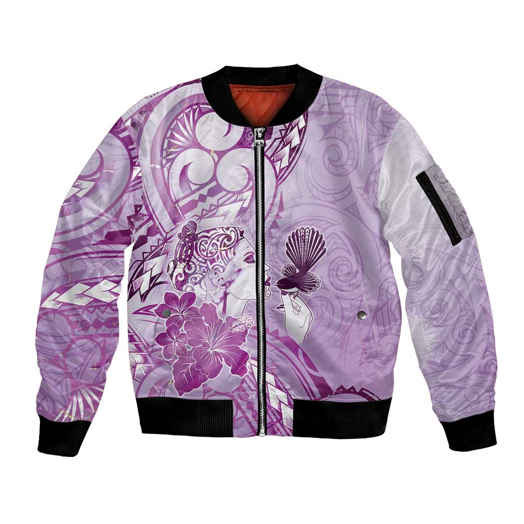 Aotearoa Maori Wahine Sleeve Zip Bomber Jacket Fantail Bird Purple Gold Marble LT05 Unisex Purple - Polynesian Pride