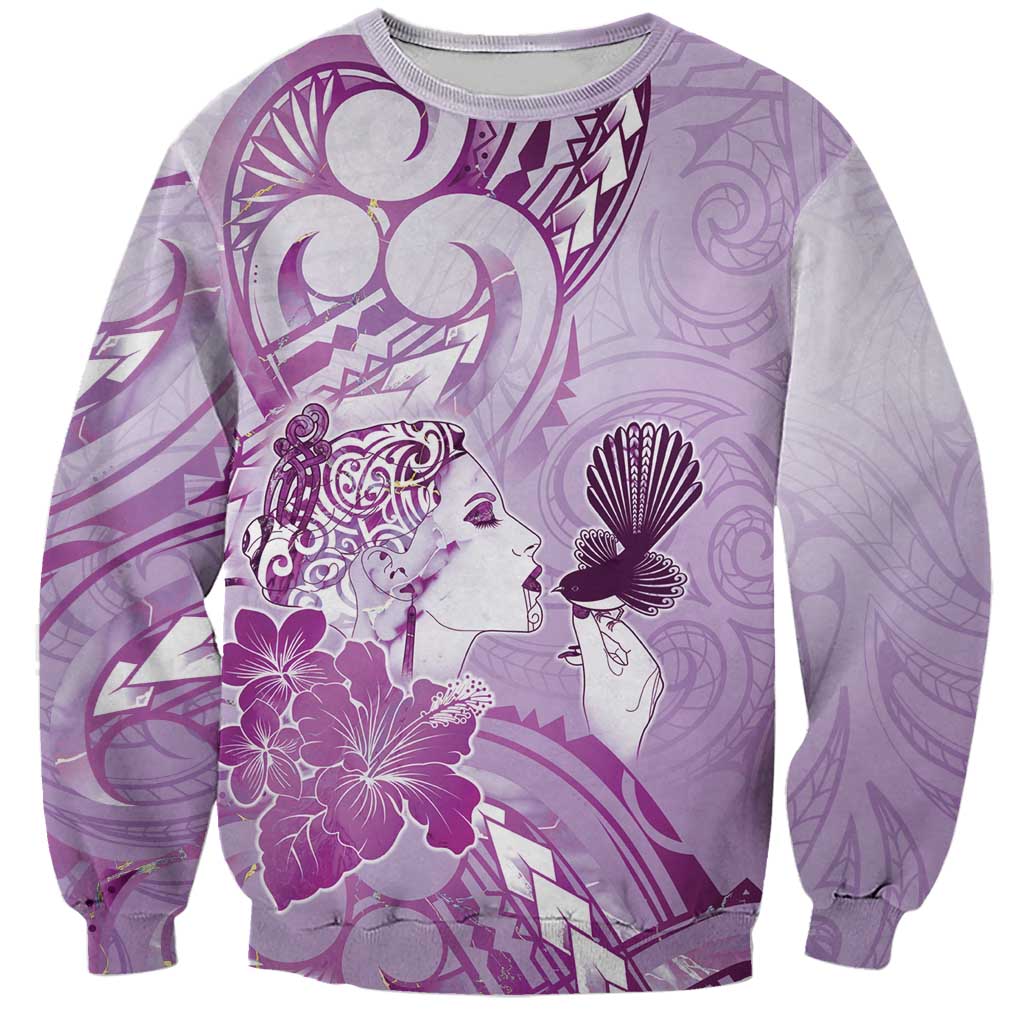 Aotearoa Maori Wahine Sweatshirt Fantail Bird Purple Gold Marble