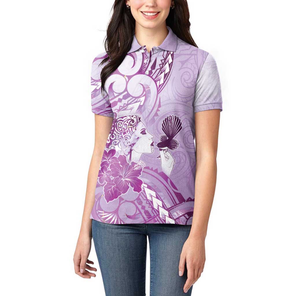 Aotearoa Maori Wahine Women Polo Shirt Fantail Bird Purple Gold Marble