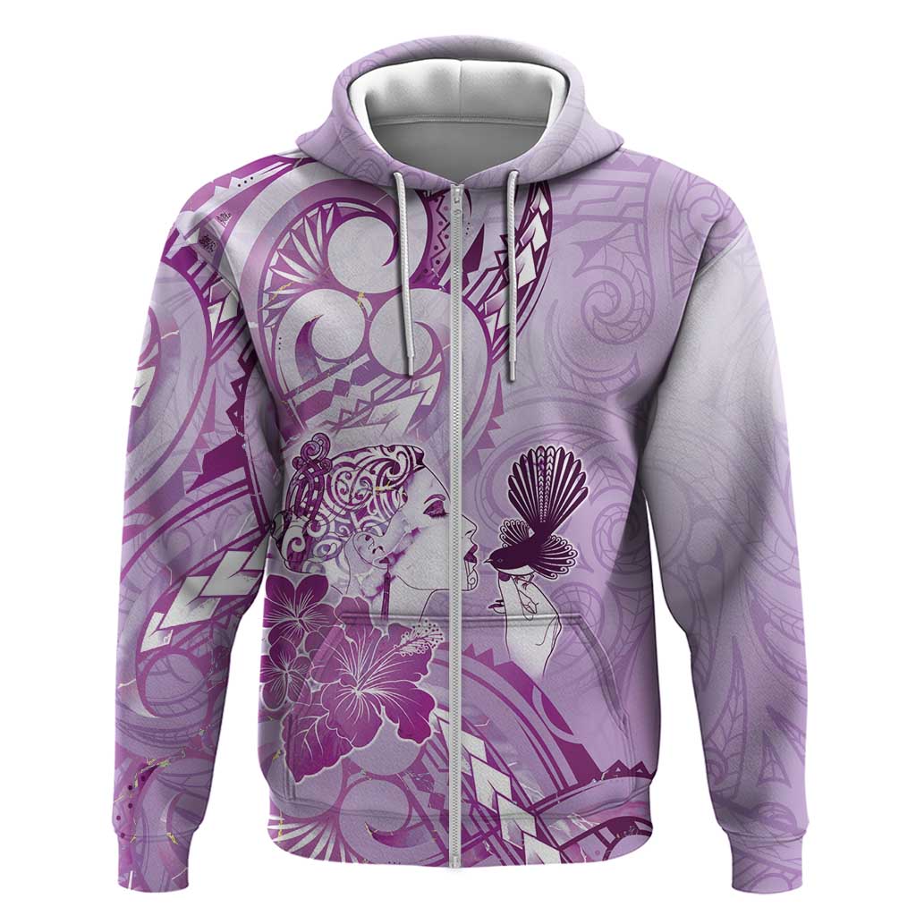 Aotearoa Maori Wahine Zip Hoodie Fantail Bird Purple Gold Marble LT05 Zip Hoodie Purple - Polynesian Pride