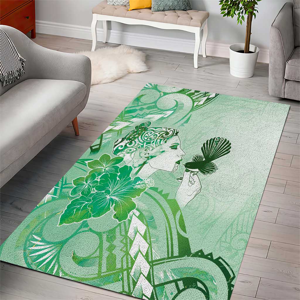 Aotearoa Maori Wahine Area Rug Fantail Bird Green Gold Marble
