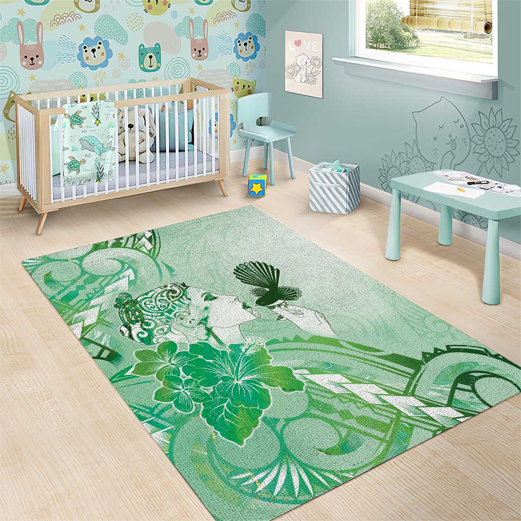 Aotearoa Maori Wahine Area Rug Fantail Bird Green Gold Marble