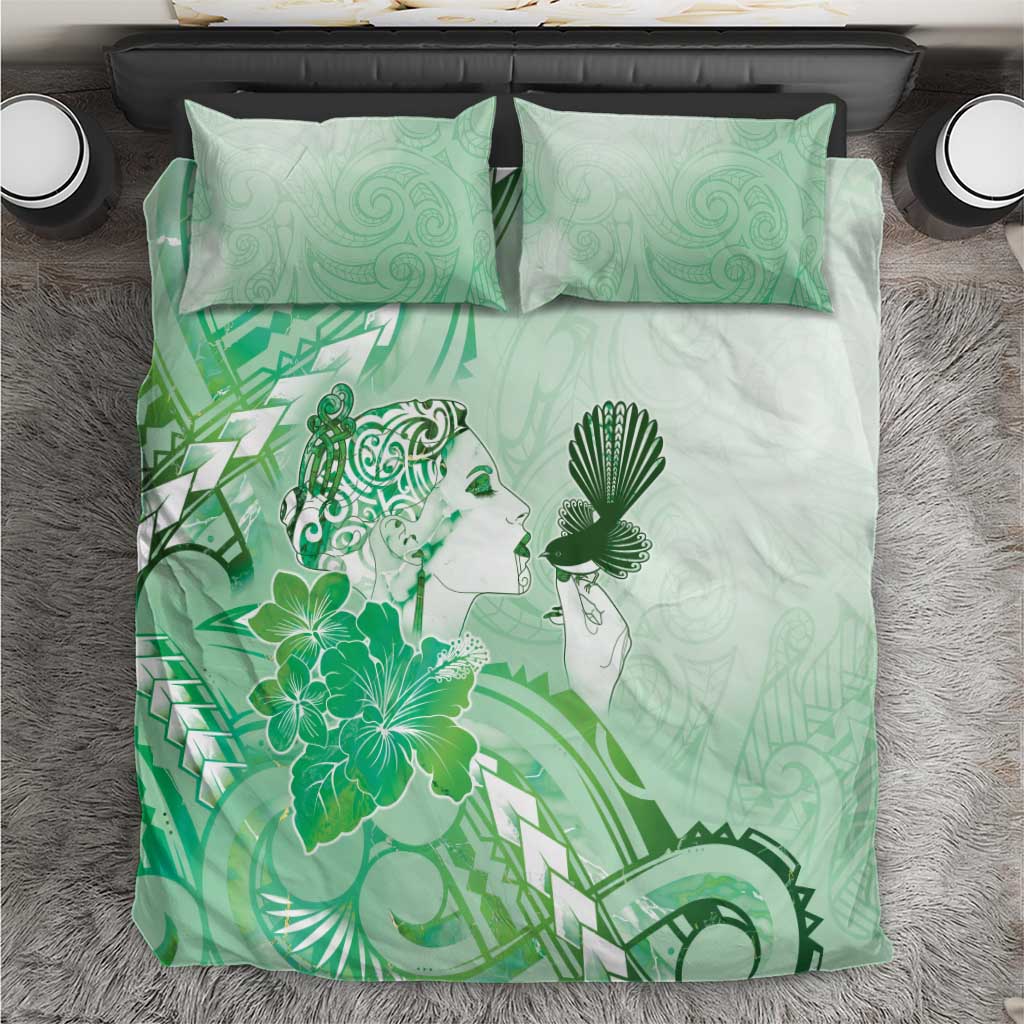 Aotearoa Maori Wahine Bedding Set Fantail Bird Green Gold Marble LT05 Green - Polynesian Pride