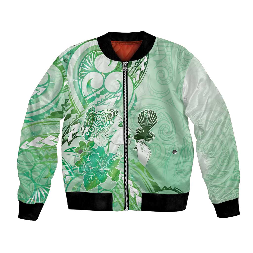 Aotearoa Maori Wahine Bomber Jacket Fantail Bird Green Gold Marble LT05 Unisex Green - Polynesian Pride