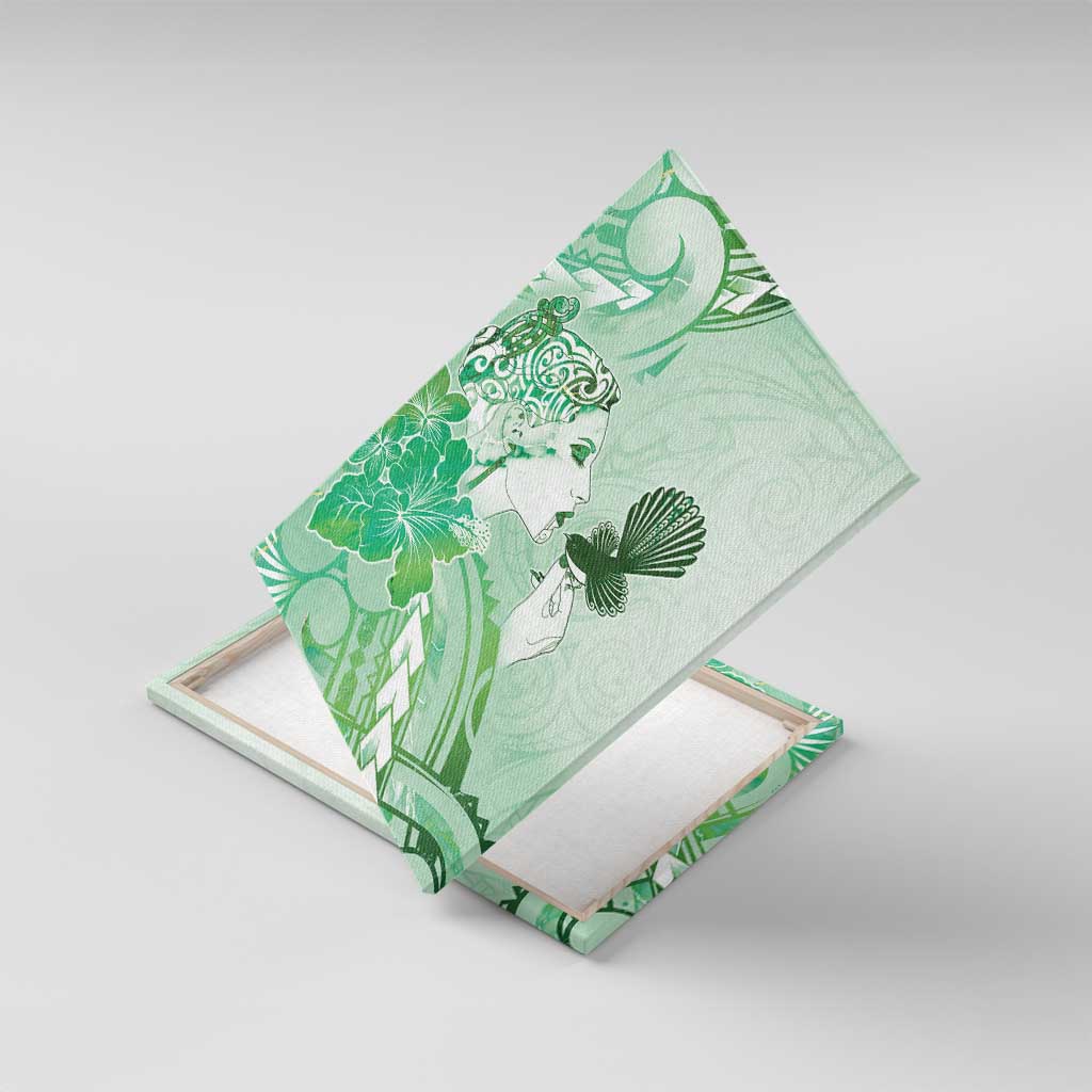 Aotearoa Maori Wahine Canvas Wall Art Fantail Bird Green Gold Marble