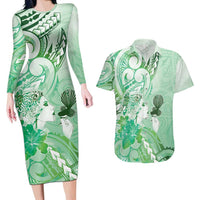 Aotearoa Maori Wahine Couples Matching Long Sleeve Bodycon Dress and Hawaiian Shirt Fantail Bird Green Gold Marble