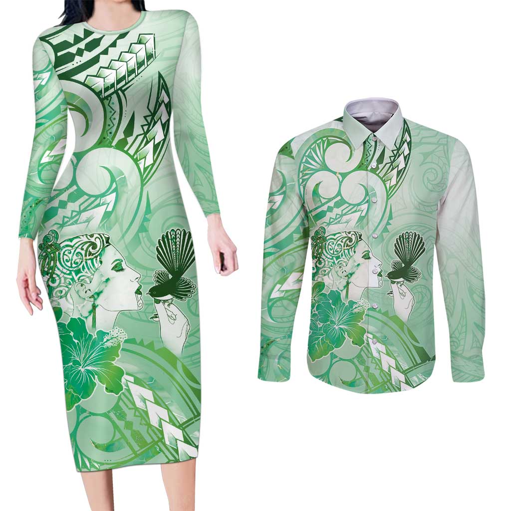 Aotearoa Maori Wahine Couples Matching Long Sleeve Bodycon Dress and Long Sleeve Button Shirt Fantail Bird Green Gold Marble