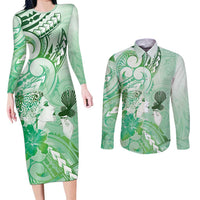 Aotearoa Maori Wahine Couples Matching Long Sleeve Bodycon Dress and Long Sleeve Button Shirt Fantail Bird Green Gold Marble