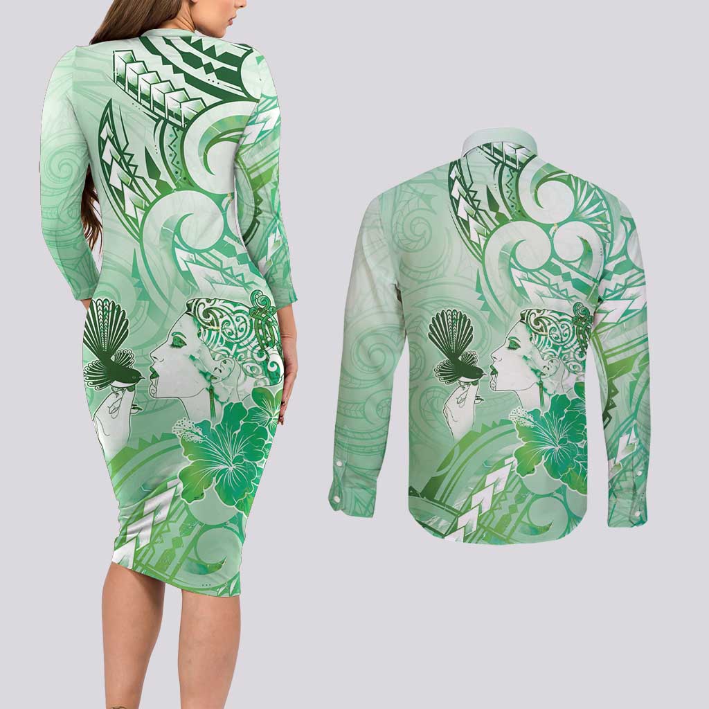Aotearoa Maori Wahine Couples Matching Long Sleeve Bodycon Dress and Long Sleeve Button Shirt Fantail Bird Green Gold Marble
