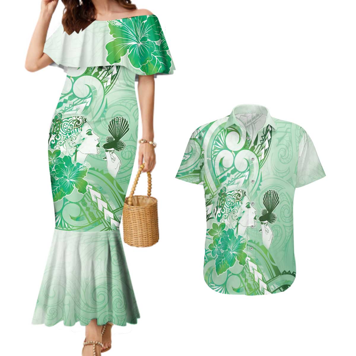 Aotearoa Maori Wahine Couples Matching Mermaid Dress and Hawaiian Shirt Fantail Bird Green Gold Marble