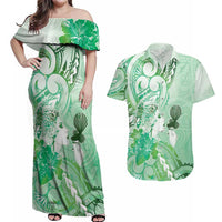 Aotearoa Maori Wahine Couples Matching Off Shoulder Maxi Dress and Hawaiian Shirt Fantail Bird Green Gold Marble