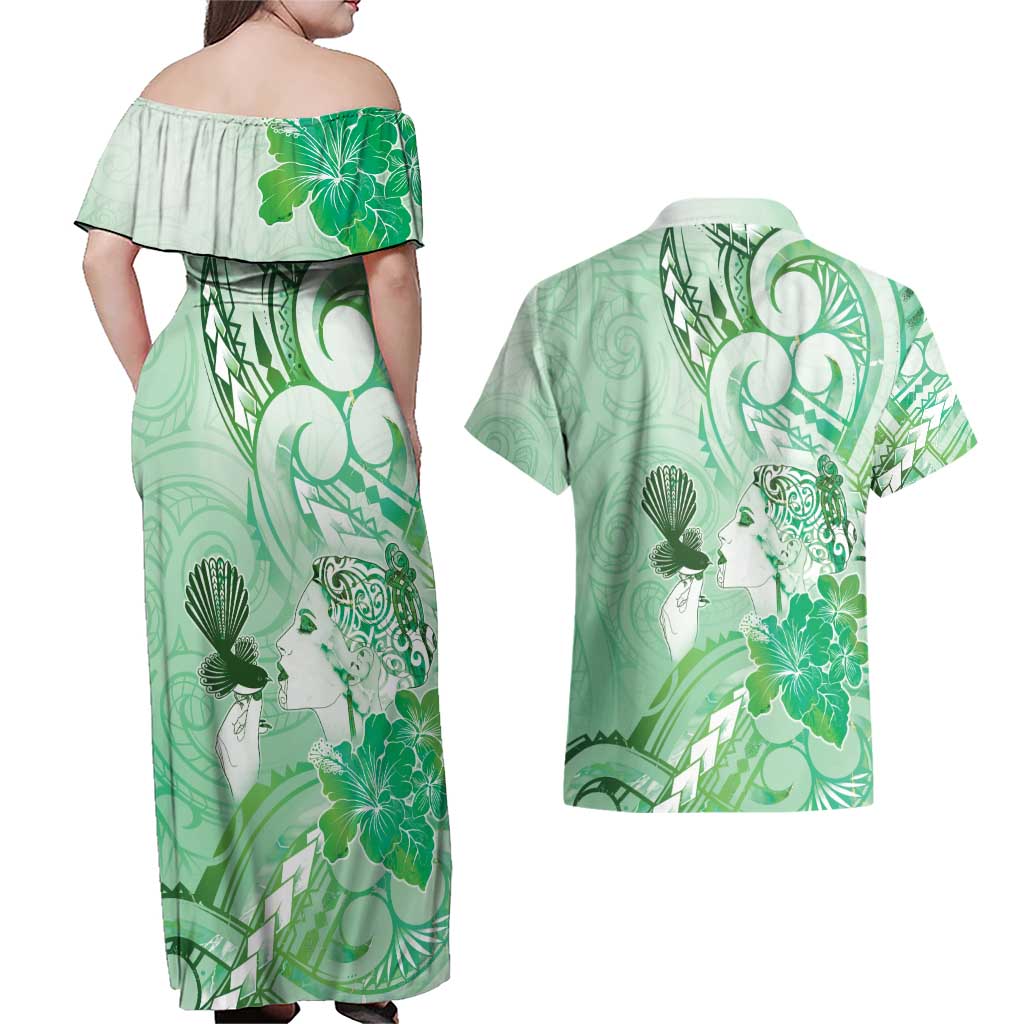 Aotearoa Maori Wahine Couples Matching Off Shoulder Maxi Dress and Hawaiian Shirt Fantail Bird Green Gold Marble