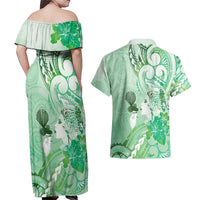 Aotearoa Maori Wahine Couples Matching Off Shoulder Maxi Dress and Hawaiian Shirt Fantail Bird Green Gold Marble