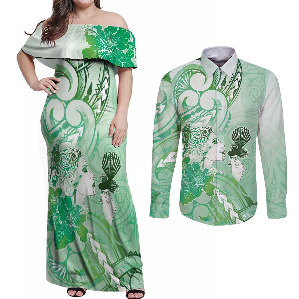 Aotearoa Maori Wahine Couples Matching Off Shoulder Maxi Dress and Long Sleeve Button Shirt Fantail Bird Green Gold Marble
