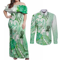Aotearoa Maori Wahine Couples Matching Off Shoulder Maxi Dress and Long Sleeve Button Shirt Fantail Bird Green Gold Marble
