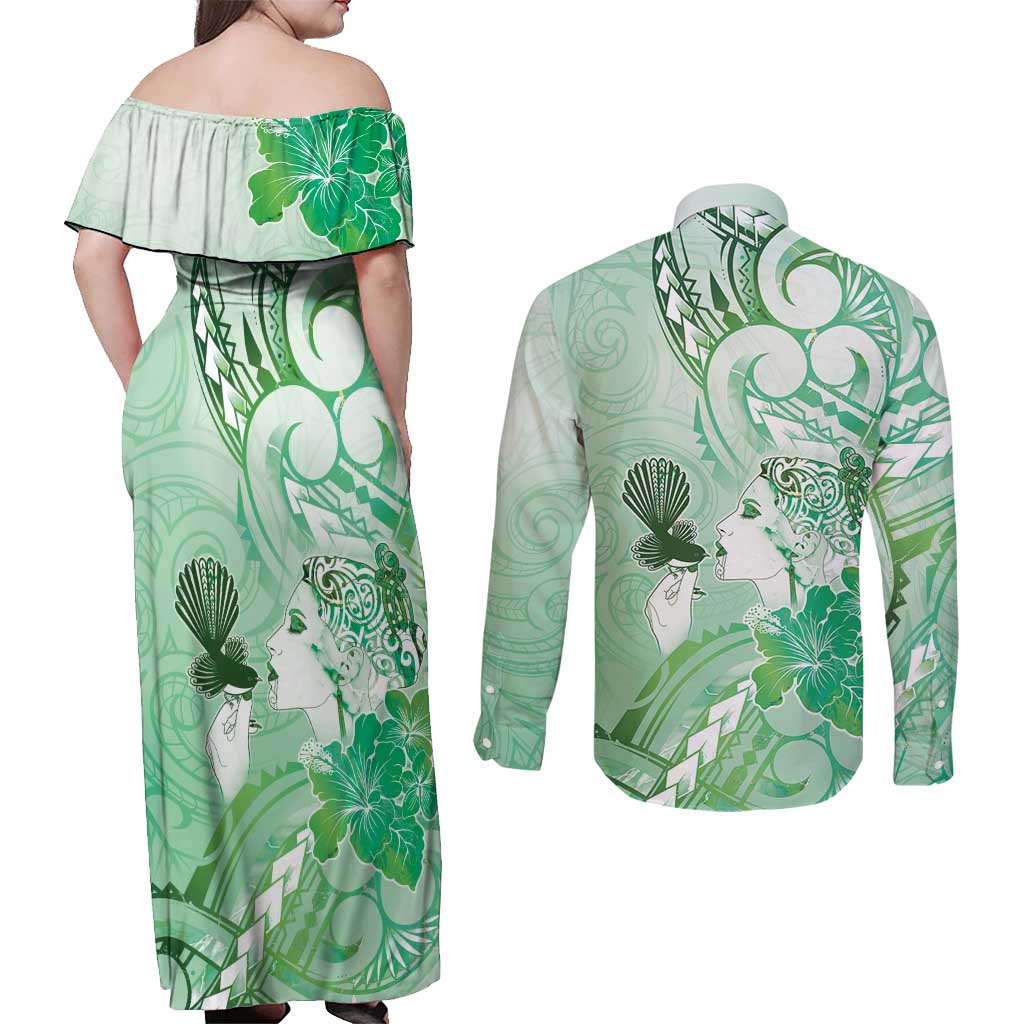 Aotearoa Maori Wahine Couples Matching Off Shoulder Maxi Dress and Long Sleeve Button Shirt Fantail Bird Green Gold Marble