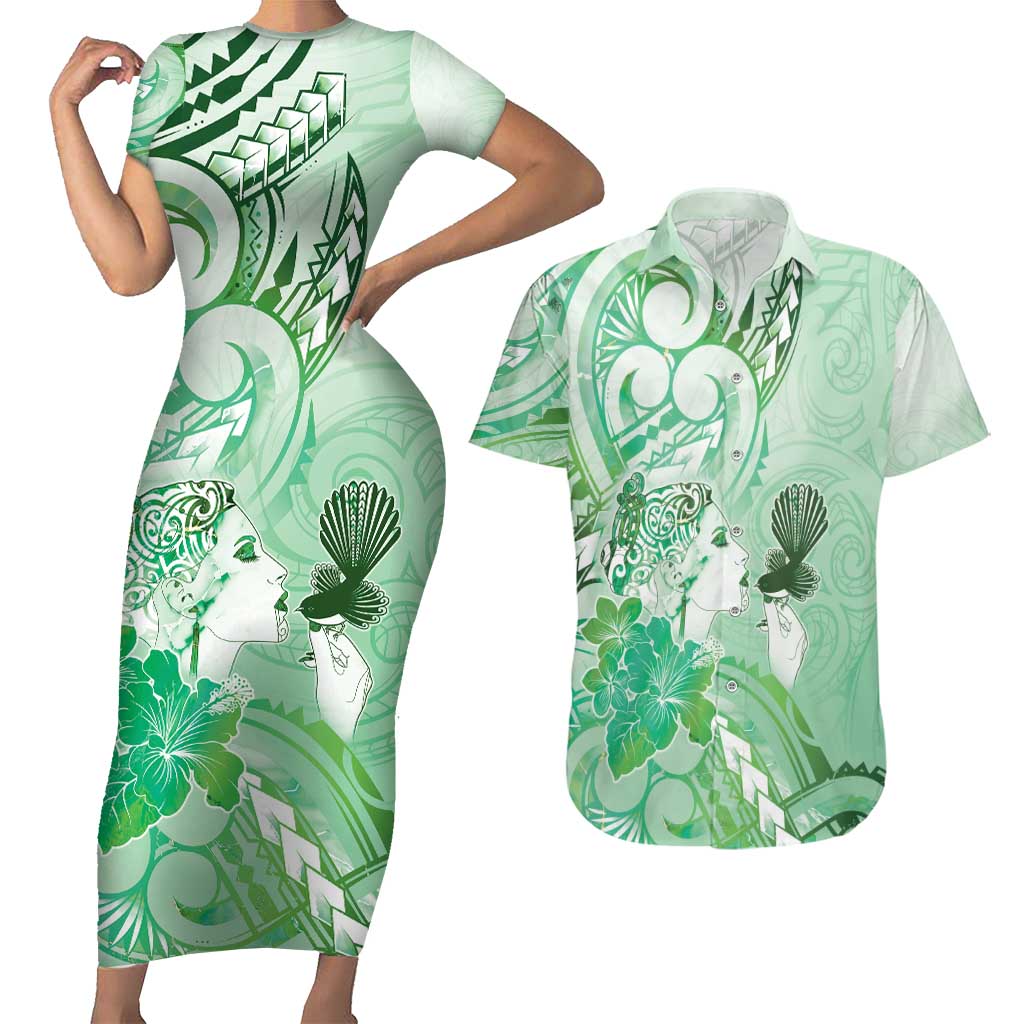 Aotearoa Maori Wahine Couples Matching Short Sleeve Bodycon Dress and Hawaiian Shirt Fantail Bird Green Gold Marble
