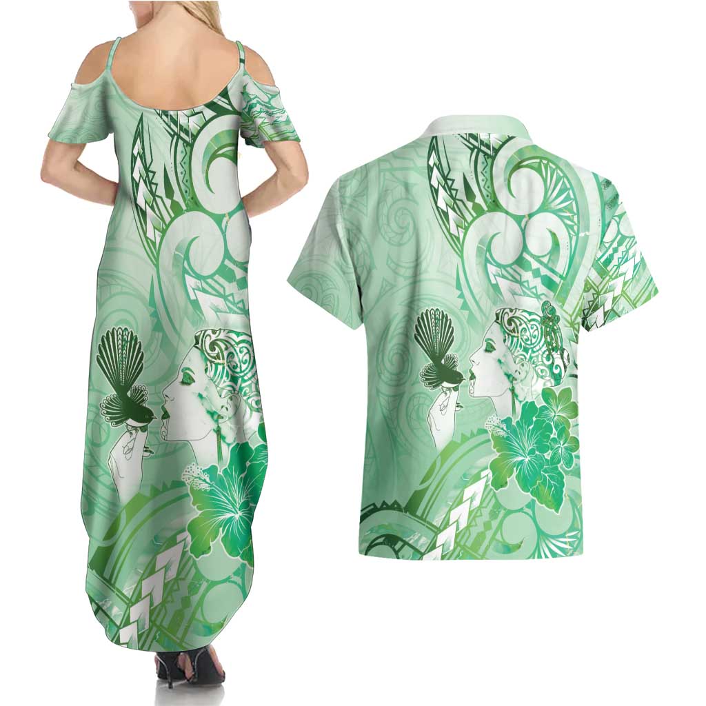Aotearoa Maori Wahine Couples Matching Summer Maxi Dress and Hawaiian Shirt Fantail Bird Green Gold Marble