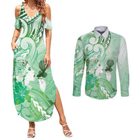 Aotearoa Maori Wahine Couples Matching Summer Maxi Dress and Long Sleeve Button Shirt Fantail Bird Green Gold Marble