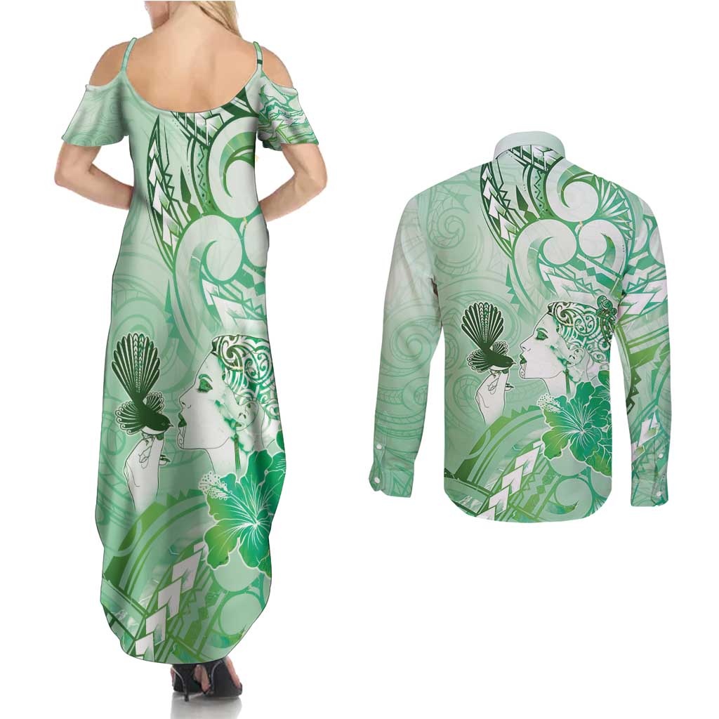 Aotearoa Maori Wahine Couples Matching Summer Maxi Dress and Long Sleeve Button Shirt Fantail Bird Green Gold Marble