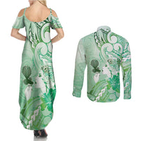Aotearoa Maori Wahine Couples Matching Summer Maxi Dress and Long Sleeve Button Shirt Fantail Bird Green Gold Marble