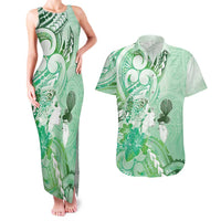 Aotearoa Maori Wahine Couples Matching Tank Maxi Dress and Hawaiian Shirt Fantail Bird Green Gold Marble