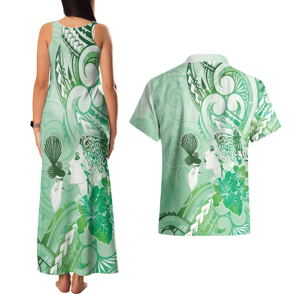 Aotearoa Maori Wahine Couples Matching Tank Maxi Dress and Hawaiian Shirt Fantail Bird Green Gold Marble