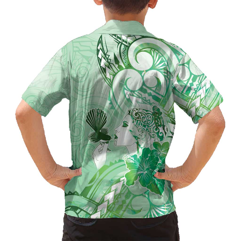 Aotearoa Maori Wahine Family Matching Long Sleeve Bodycon Dress and Hawaiian Shirt Fantail Bird Green Gold Marble LT05 - Polynesian Pride