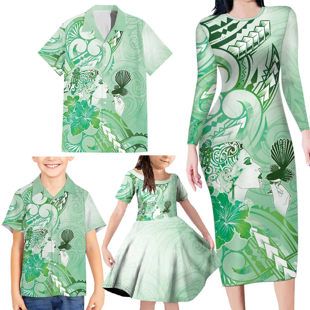 Aotearoa Maori Wahine Family Matching Long Sleeve Bodycon Dress and Hawaiian Shirt Fantail Bird Green Gold Marble