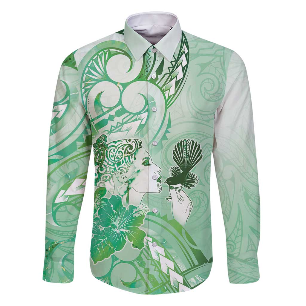 Aotearoa Maori Wahine Family Matching Long Sleeve Bodycon Dress and Hawaiian Shirt Fantail Bird Green Gold Marble LT05 Dad's Shirt - Long Sleeve Green - Polynesian Pride