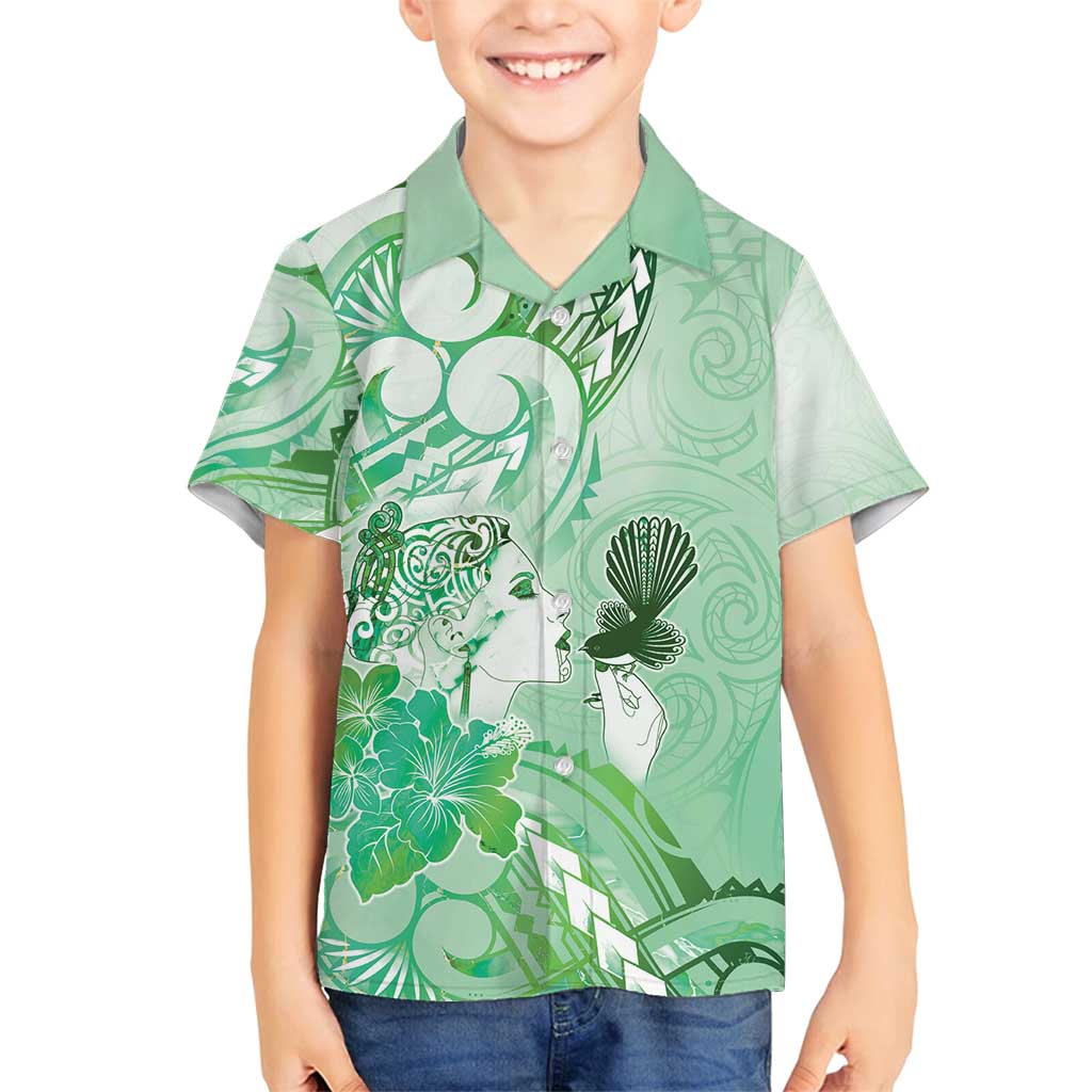 Aotearoa Maori Wahine Family Matching Long Sleeve Bodycon Dress and Hawaiian Shirt Fantail Bird Green Gold Marble LT05 Son's Shirt Green - Polynesian Pride