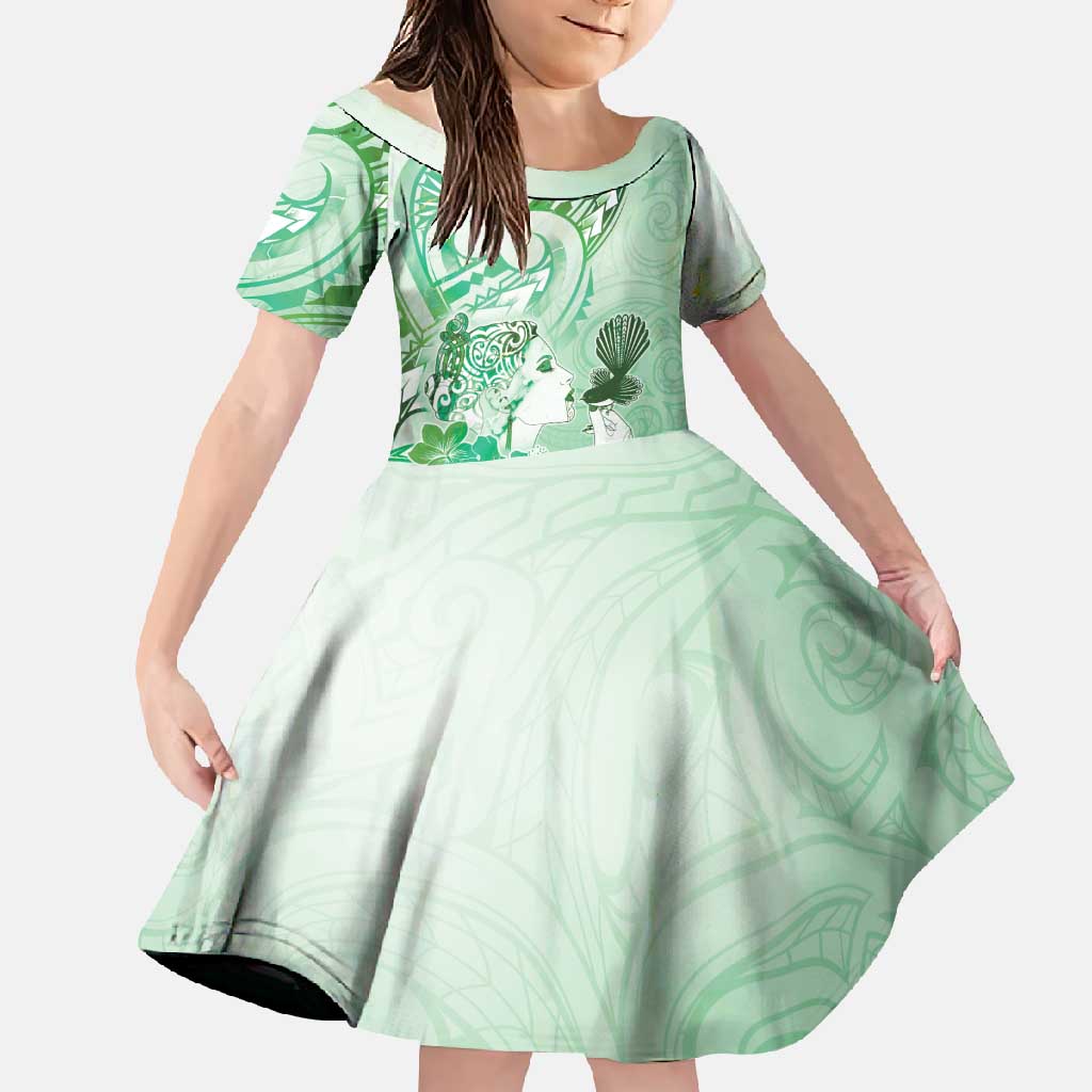 Aotearoa Maori Wahine Family Matching Mermaid Dress and Hawaiian Shirt Fantail Bird Green Gold Marble LT05 Daughter's Dress Green - Polynesian Pride