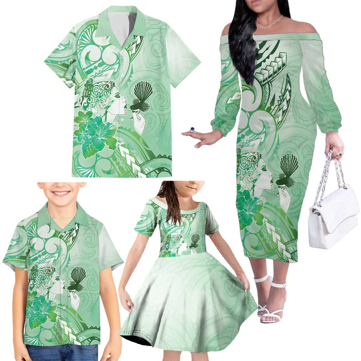 Aotearoa Maori Wahine Family Matching Off The Shoulder Long Sleeve Dress and Hawaiian Shirt Fantail Bird Green Gold Marble