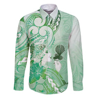 Aotearoa Maori Wahine Family Matching Off The Shoulder Long Sleeve Dress and Hawaiian Shirt Fantail Bird Green Gold Marble