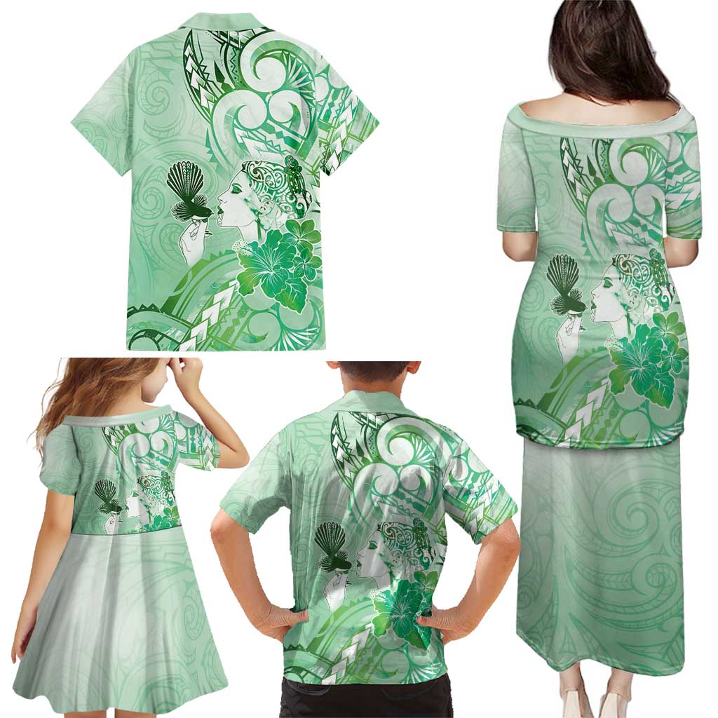 Aotearoa Maori Wahine Family Matching Puletasi and Hawaiian Shirt Fantail Bird Green Gold Marble