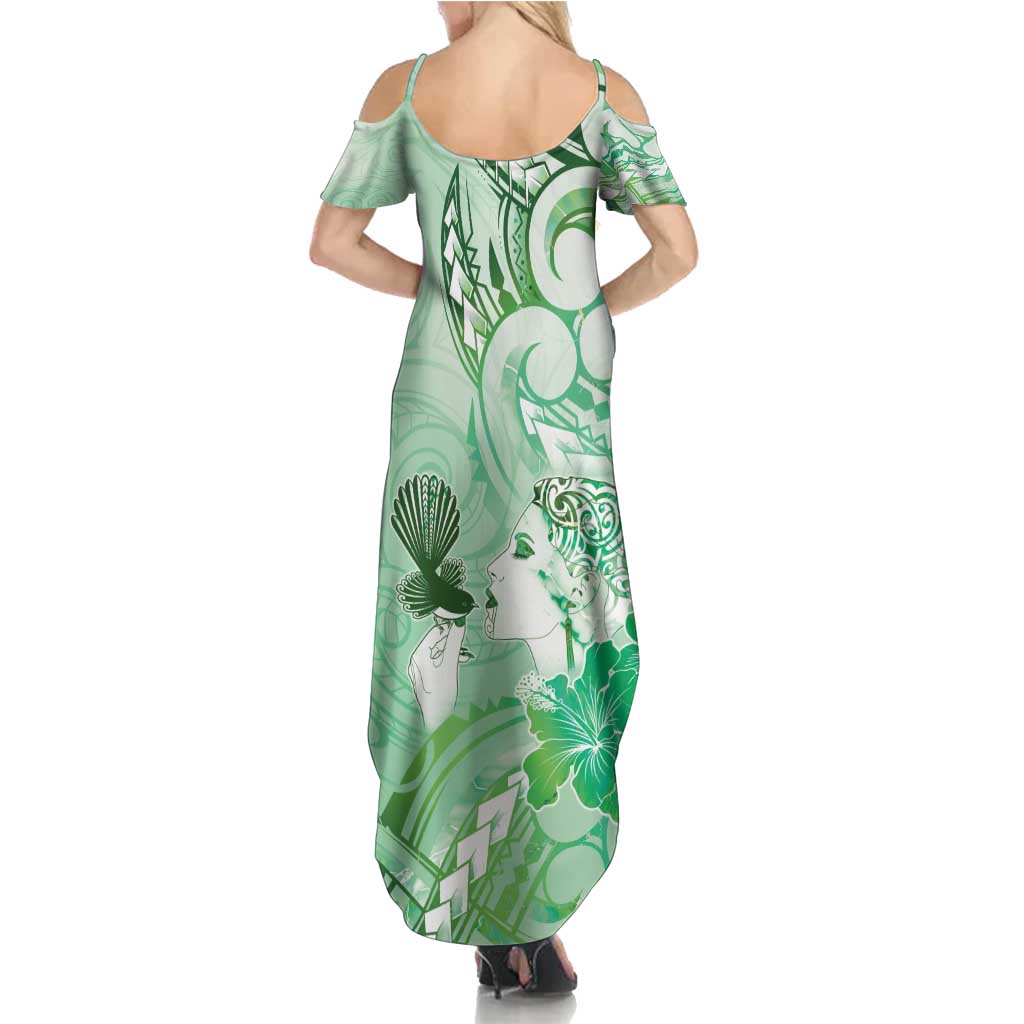 Aotearoa Maori Wahine Family Matching Summer Maxi Dress and Hawaiian Shirt Fantail Bird Green Gold Marble