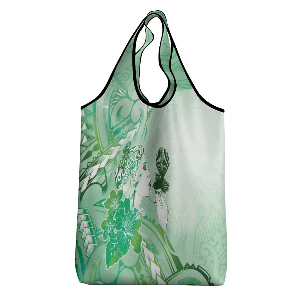 Aotearoa Maori Wahine Grocery Bag Fantail Bird Green Gold Marble
