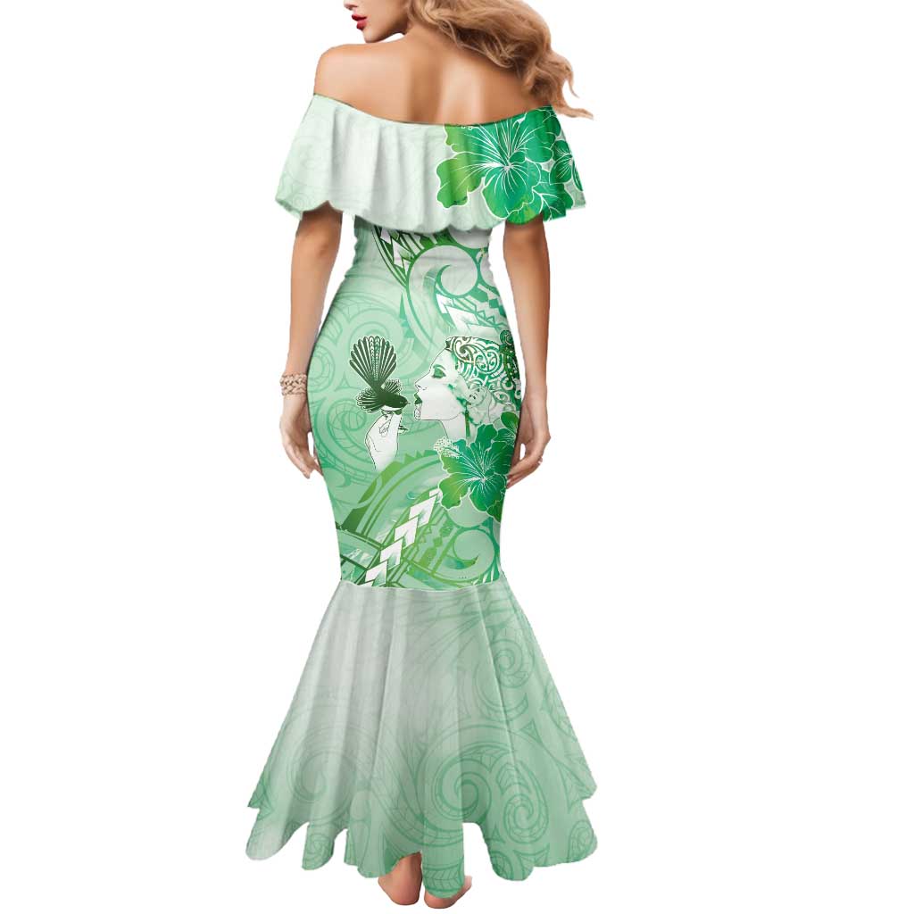 Aotearoa Maori Wahine Mermaid Dress Fantail Bird Green Gold Marble