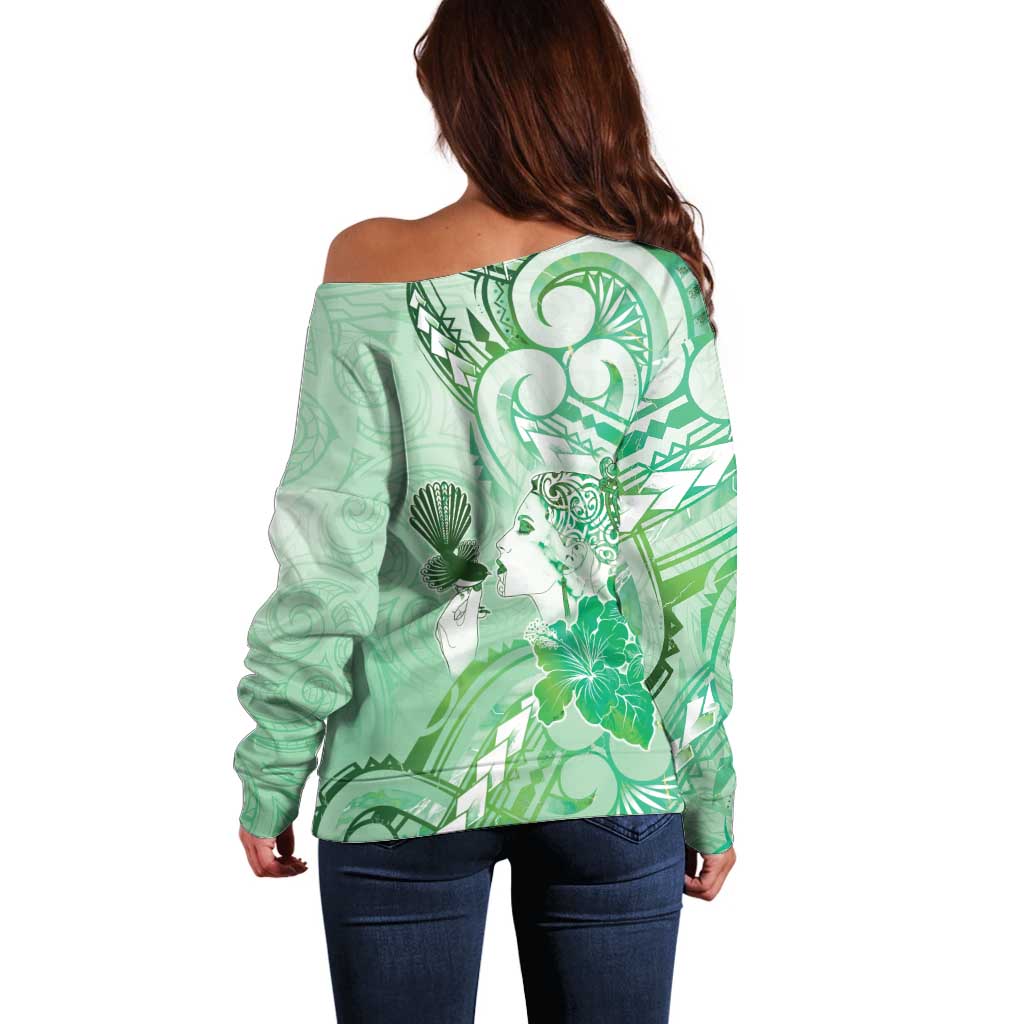 Aotearoa Maori Wahine Off Shoulder Sweater Fantail Bird Green Gold Marble